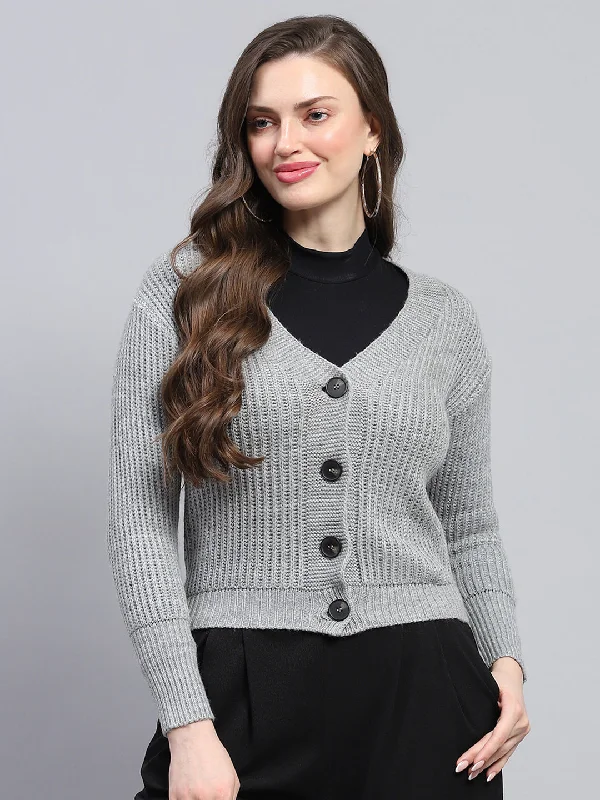 Thick Cashmere SweatersWomen Grey Self Design V Neck Full Sleeve Cardigan