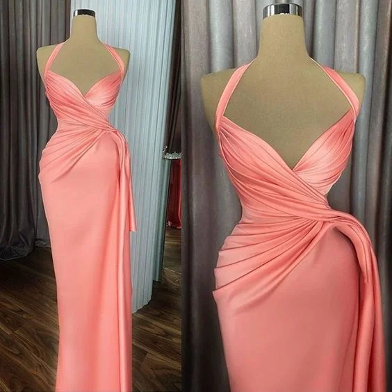 convertible prom dressesPeach Prom Dress,Pleats Prom Dress,Halter Prom Dress,Satin Evening Dress Y6619