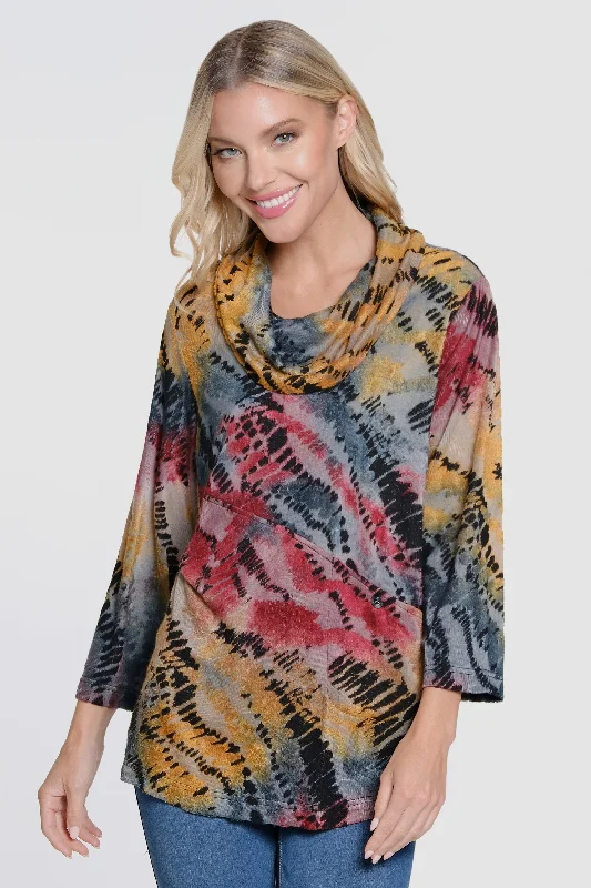 women's tops with sheer overlaysTextured Burnout Cowl Neck Tunic - Multi