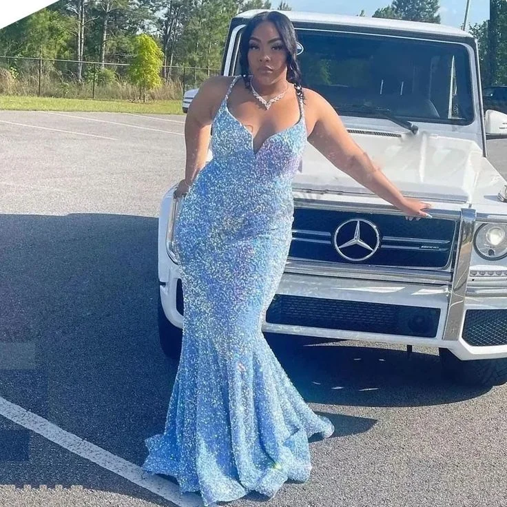 prom dresses for curve-hugging figuresSexy Plus Size Long Sky Blue Prom Dress For Black Girls Y7033