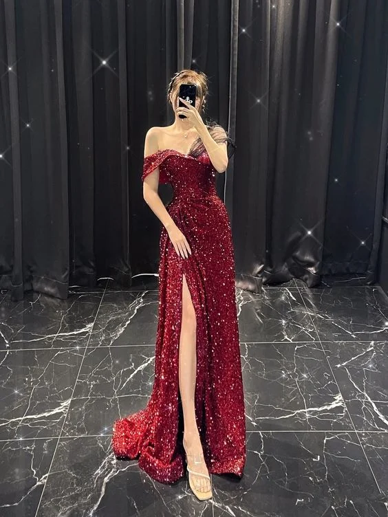 prom dress cleaningSheath/Column Off-the-Shoulder Court Train Sequins Prom Dresses With Leg Slit Y6684