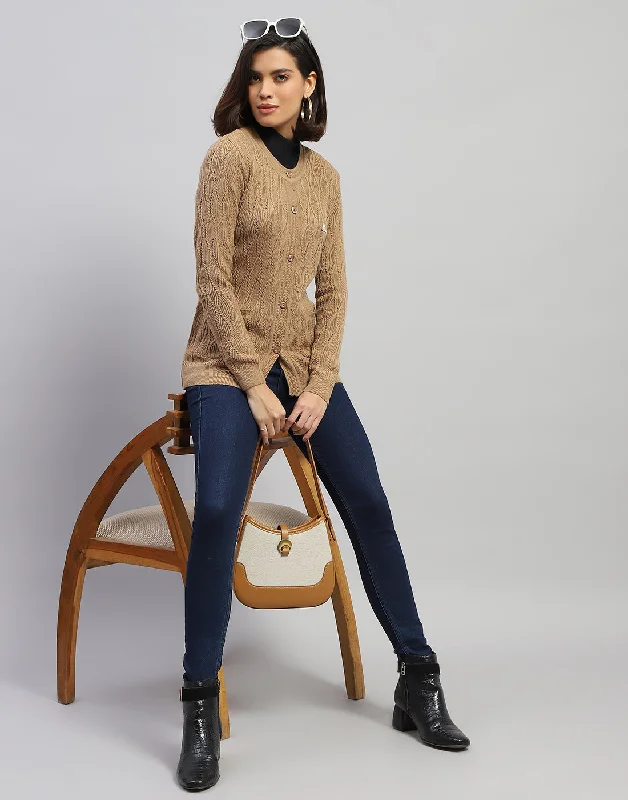 Luxurious SweatersWomen Brown Self Design Round Neck Full Sleeve Cardigan