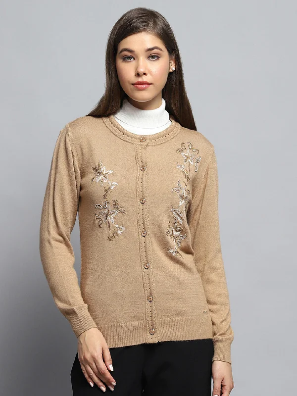 Cozy Custom Embellished SweatersWomen Brown Self Design Round Neck Full Sleeve Cardigan