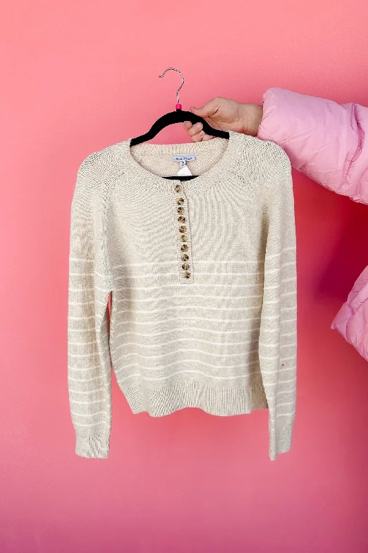 Knitted Crewneck SweatersHalf Button Down Beige & Cream Striped Knit Sweater