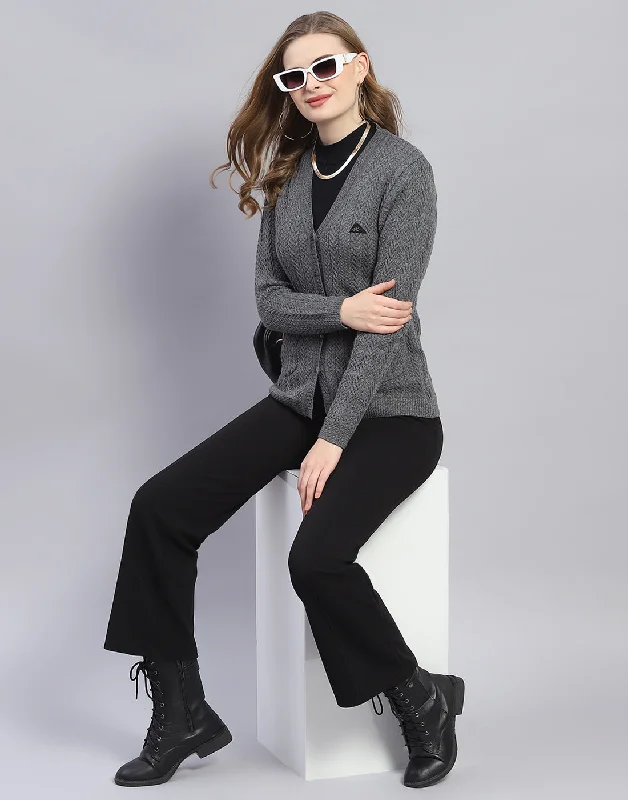 Affordable Women's SweatersWomen Grey Solid V Neck Full Sleeve Cardigan