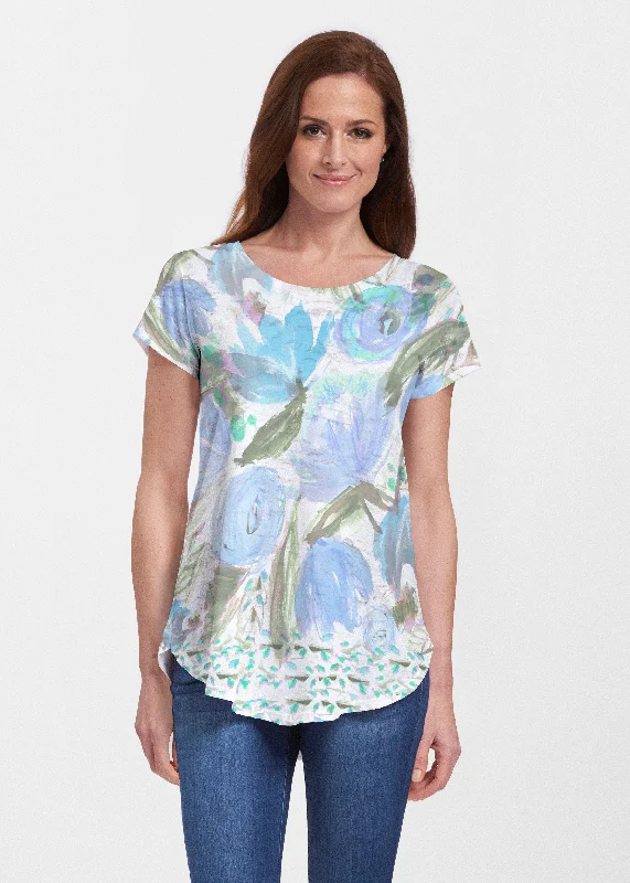 women's tops with built-in brasMonet Blue (17178) ~ Signature Short Sleeve Scoop Neck Flowy Tunic