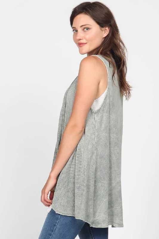 Discounted High-Quality Wool SweatersJ4528A Mineral Wash Sleeveless Open Front Draped Cardigan w/Contrast Fabric