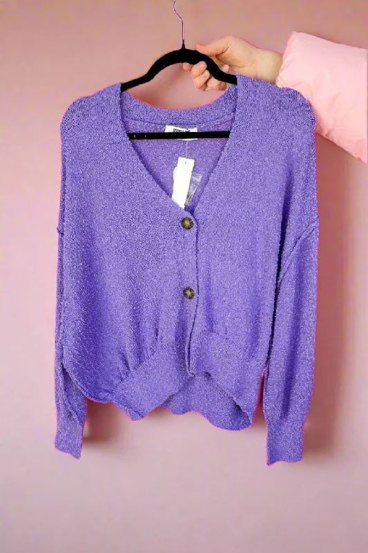 Embellished SweatersExposed Seam V Neck Button Sweater Cardigan in Lavender