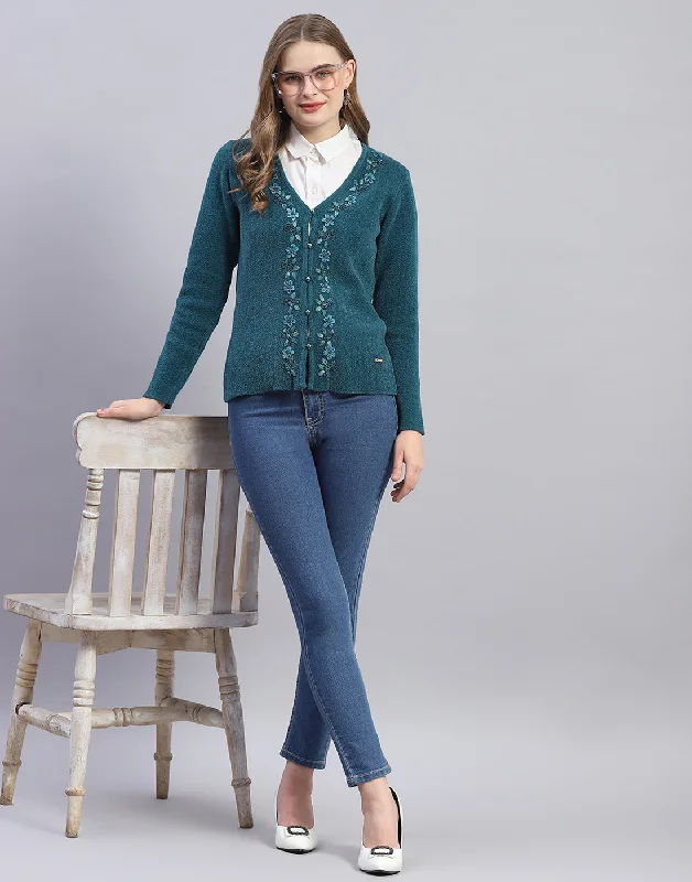 Stylish SweatersWomen Teal Blue Embellished V Neck Full Sleeve Cardigan