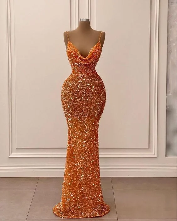 vintage prom dressesSpaghetti Straps Sparkly Evening Dress Orange Glitter Mermaid Prom Dress Y6105