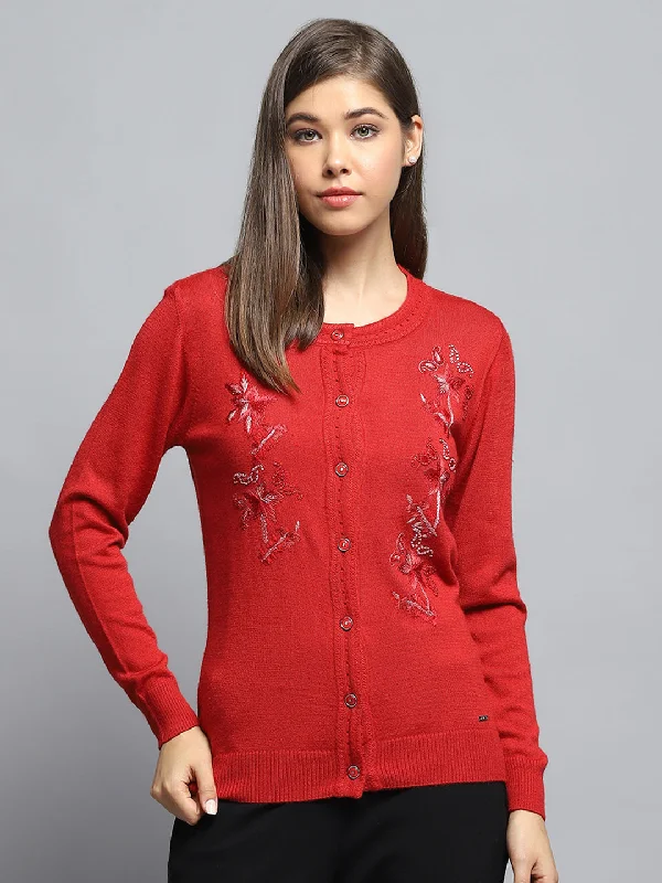 Colorful Comfortable Casual SweatersWomen Red Self Design Round Neck Full Sleeve Cardigan