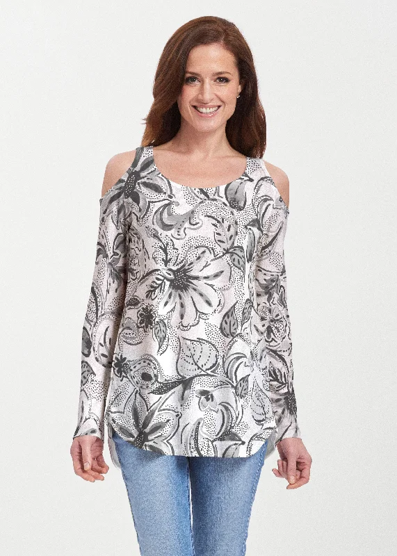 women's tops for those who want to invest in timeless piecesBaltic Watercolor Black (7697) ~ Butterknit Cold Shoulder Tunic