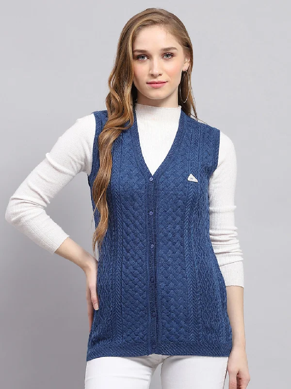 Cashmere Children's SweatersWomen Blue Self Design V Neck Sleeveless Cardigan