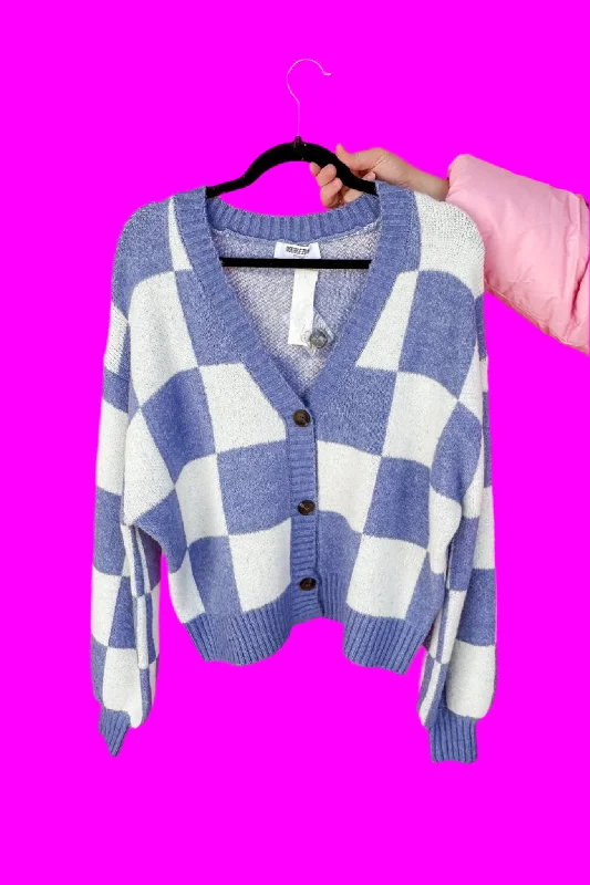 Funky Hooded SweatersSoft Blue Checkered V Neck Button Down Sweater Cardigan