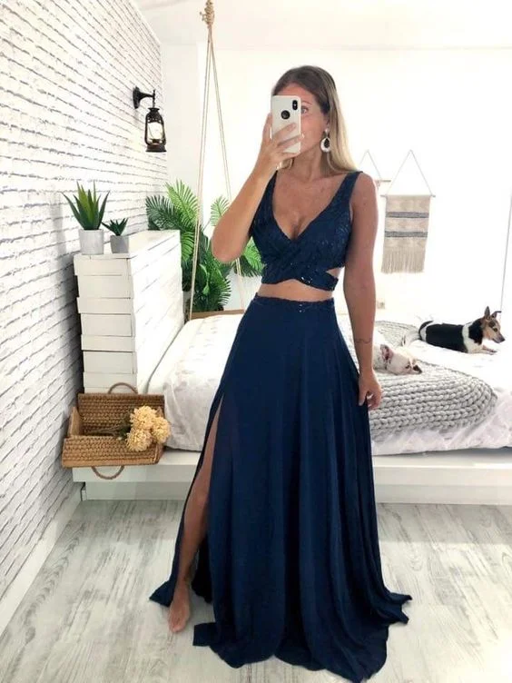 short prom dressesElegant Two Piece Navy Blue Prom Dress,Graduation Dress  Y7063