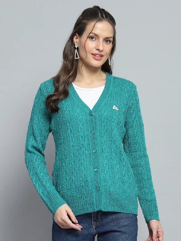 Crewneck SweatersWomen Green Self Design V Neck Full Sleeve Cardigan