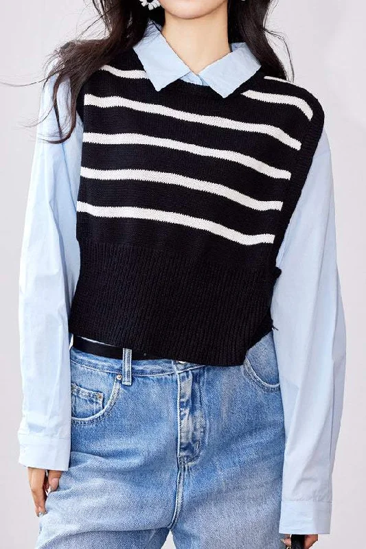 High-Neck SweatersFaux Two-Piece Long-Sleeve Striped Knit Sweater