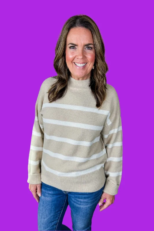 Dressy SweatersCozy Closet Staple Striped Knit Sweater in Taupe