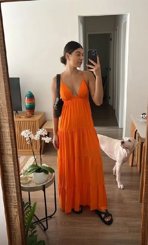 ball gown prom dressesSexy Orange A-line V Neck Long Prom Dress Y6936