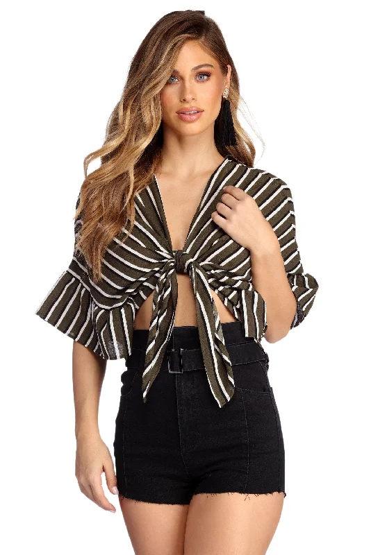 women's tops with spaghetti straps and deep V-necksStriped And Ruffled Tie Front Top