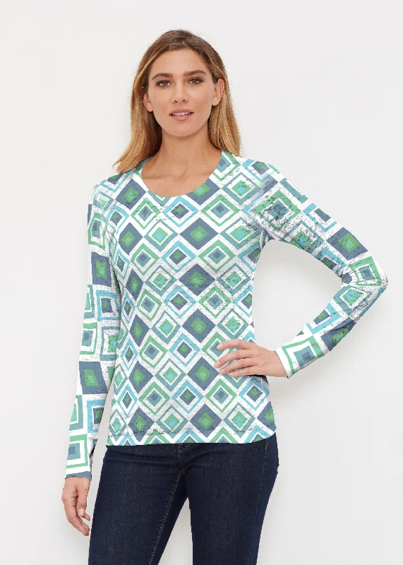 women's tops with cinched waistsCubed Blue (7807) ~ Thermal Long Sleeve Crew Shirt