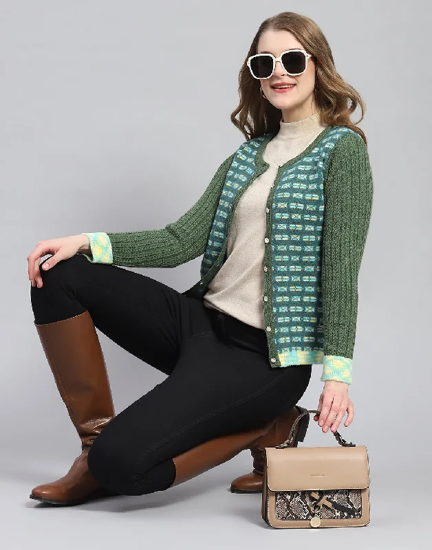 Knitted SweatersWomen Green Self Design Round Neck Full Sleeve Cardigan