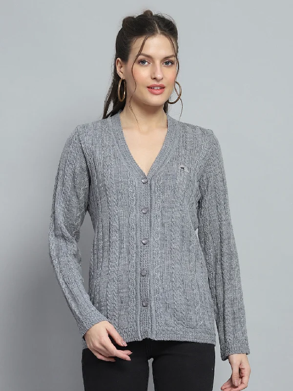 Flannel Knitted Crewneck SweatersWomen Grey Self Design V Neck Full Sleeve Cardigan