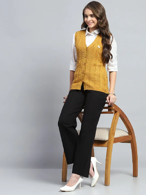 Elegant Hooded Cashmere SweatersWomen Yellow Self Design V Neck Sleeveless Cardigan