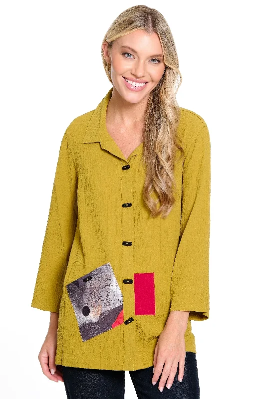 long-sleeved women's topsWoven Texture Button Front Tunic - Gold