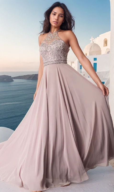 prom dresses for tall girlsEmbroidered-Bodice High-Neck Long Chiffon Prom Dress