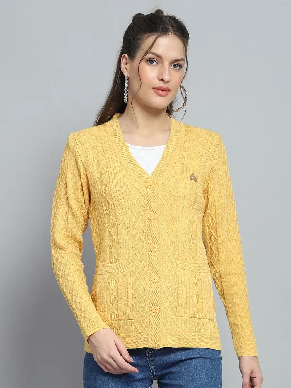 Fitted High-Quality Wool SweatersWomen Yellow Self Design V Neck Full Sleeve Cardigan