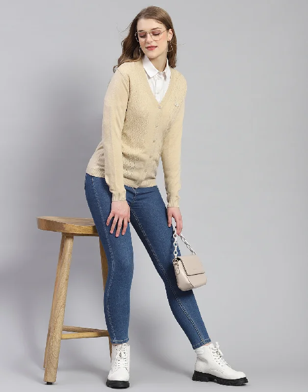 Retro SweatersWomen Beige Self Design V Neck Full Sleeve Cardigan