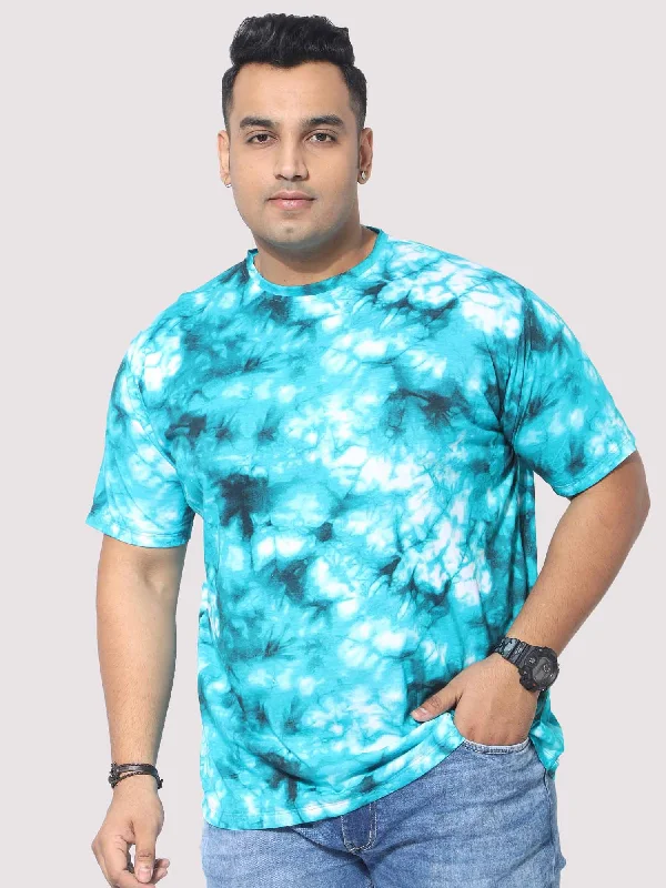 women's stylish topsMen Plus Size Sky Blue Tie Dye Texture Digital Printed Round Neck T-Shirt