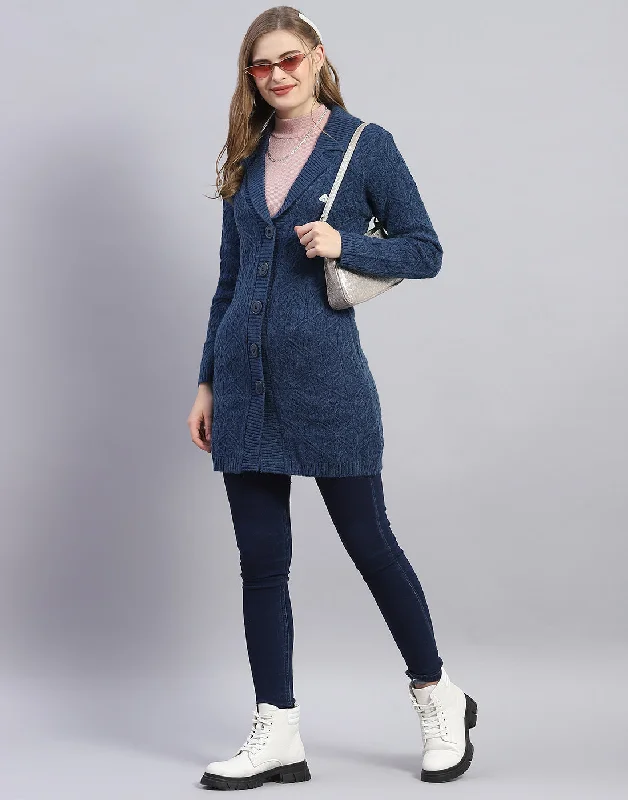 Oversized Cardigan SweatersWomen Blue Solid Lapel Collar Full Sleeve Cardigan