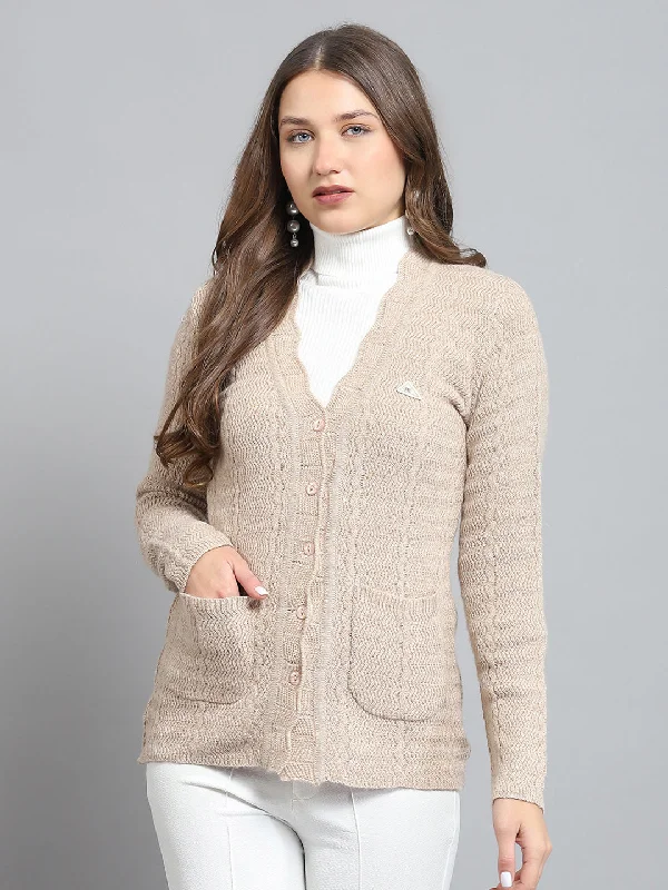 Fashionable Funky Hooded Cashmere SweatersWomen Beige Self Design V Neck Full Sleeve Cardigan