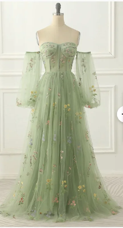 ready-to-wear prom dressesGreen Tulle Off the Shoulder A-line Prom Dress with Floral Embroidery Y6790