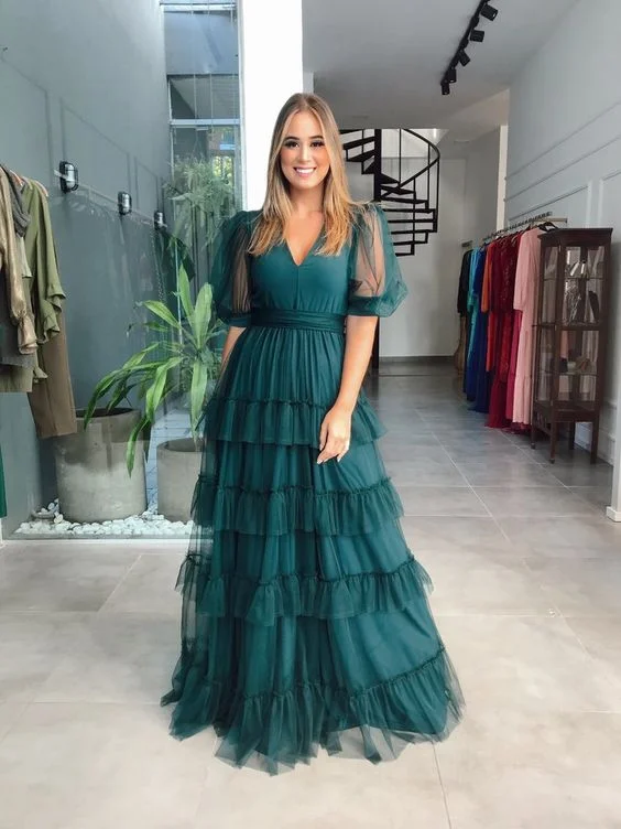 flutter sleeve prom dressesGreen A-line V Neck Tulle Multi-layered Prom Dress,Green Evening Dress Y6218