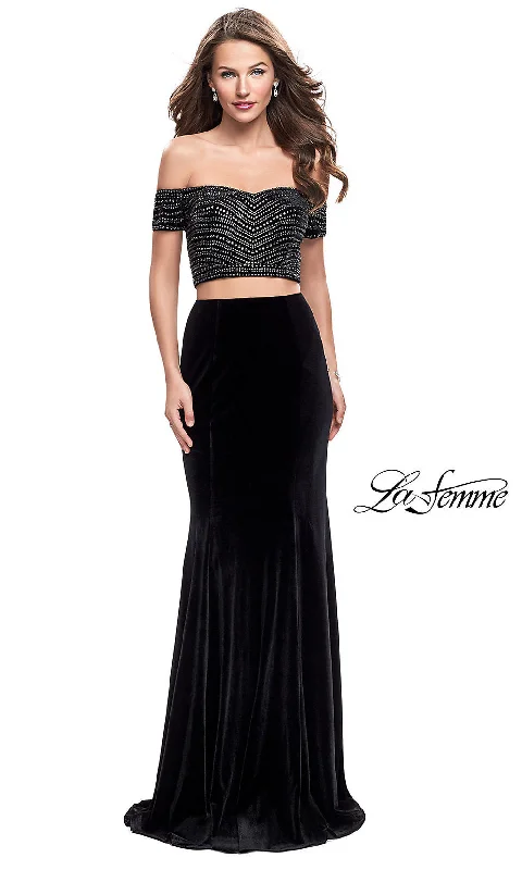 prom dresses with floral embroideryLong Two-Piece Off-the-Shoulder Velvet La Femme Prom Dress