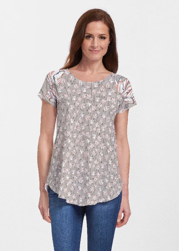 women's tops for smart casual looksTulips Multi Beige (7667) ~ Signature Short Sleeve Scoop Neck Flowy Tunic