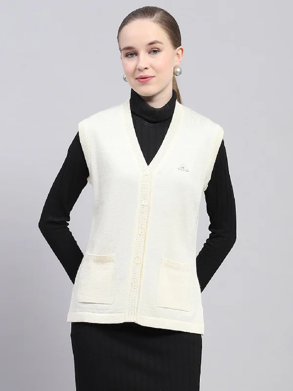 Discounted SweatersWomen Off White Solid V Neck Sleeveless Cardigan