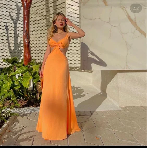 satin prom dressesSimple V Neck Orange Long Prom Dress,Orange Evening Dress Y6255