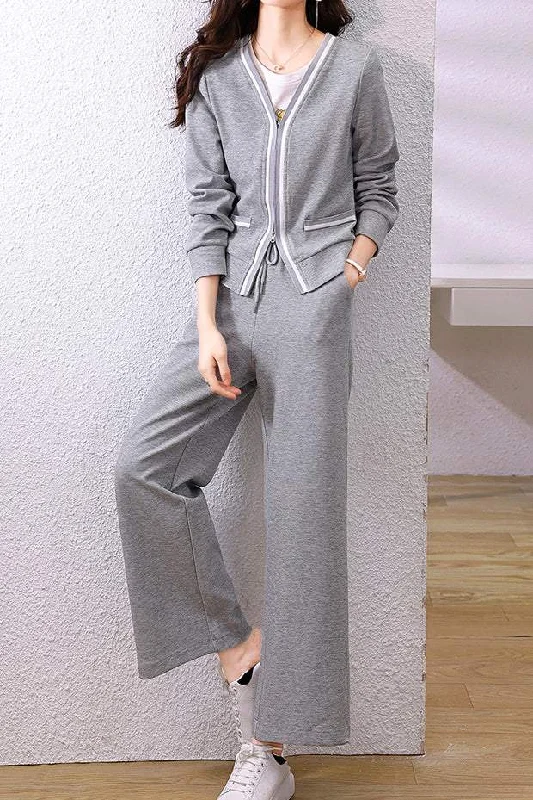 Cardigan Baby SweatersTwo-Piece Set: V-neck Pocket Decorated Zip-Up Cardigan + Casual Straight Long Pants - 2 Colors Available