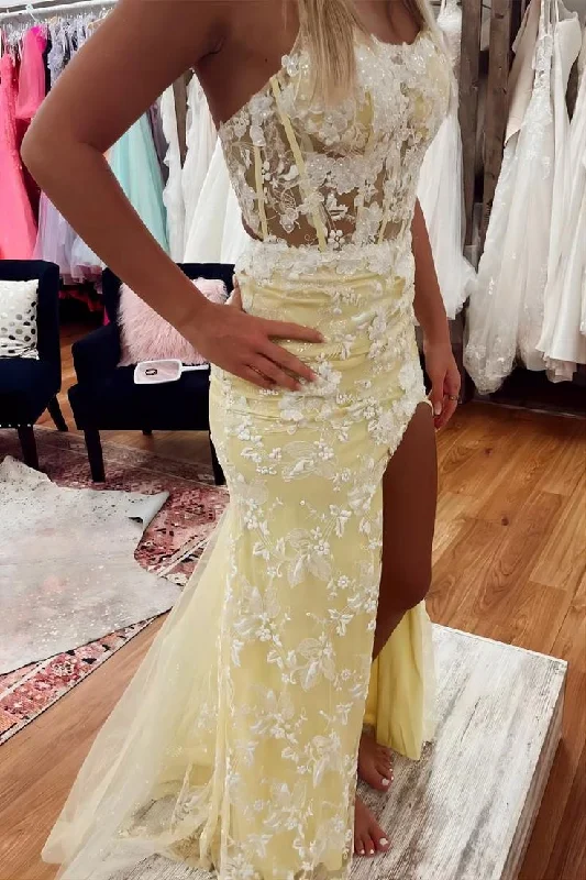 metallic prom dressesFloral Yellow Split Mermaid Prom Evening Dress Y6465