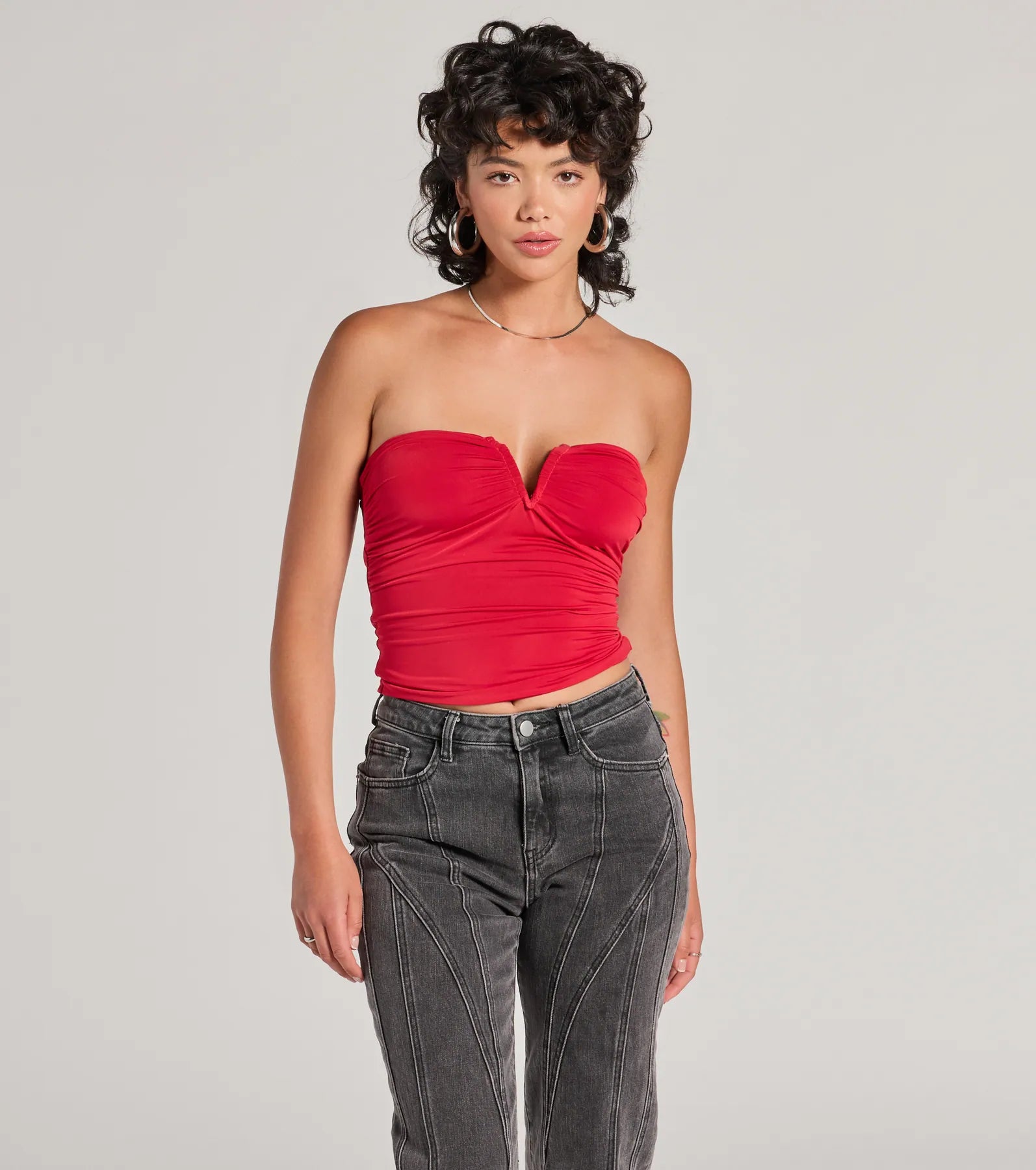 women's tops for summer festivalsFlirty Find Strapless Ruched Knit Crop Top