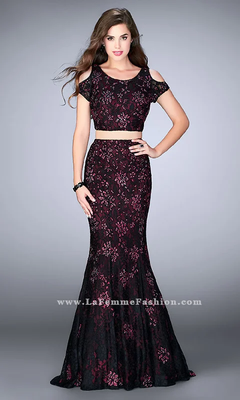 prom dresses for plus-size figuresTwo-Piece La Femme Long Lace Prom Dress