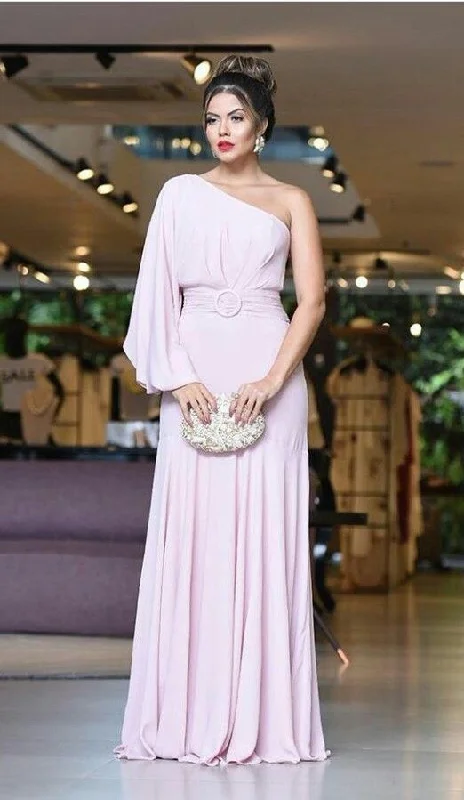 fitted prom dressesElegant Pink One Sleeve Long Prom Dress,Pink Wedding Guest Outfit  Y7054