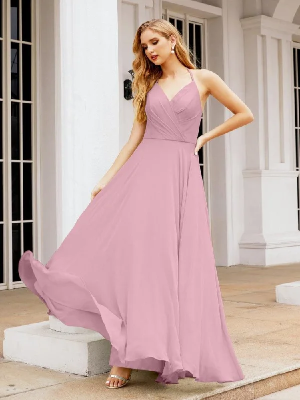 maxi prom dressesNumbersea Halter Chiffon Bridesmaid Dresses Wedding Appare Sleeveless Formal Prom Dress with Ruffled Back 28035