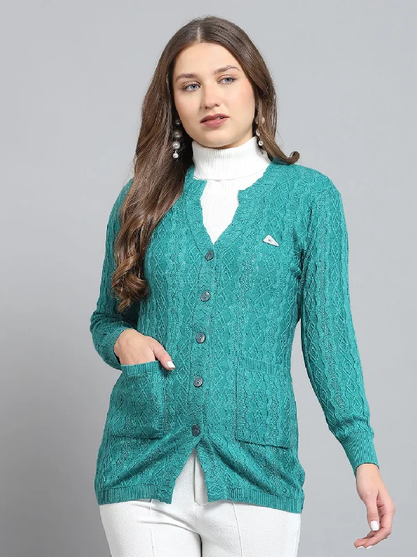 Colorful Casual SweatersWomen Green Self Design V Neck Full Sleeve Cardigan