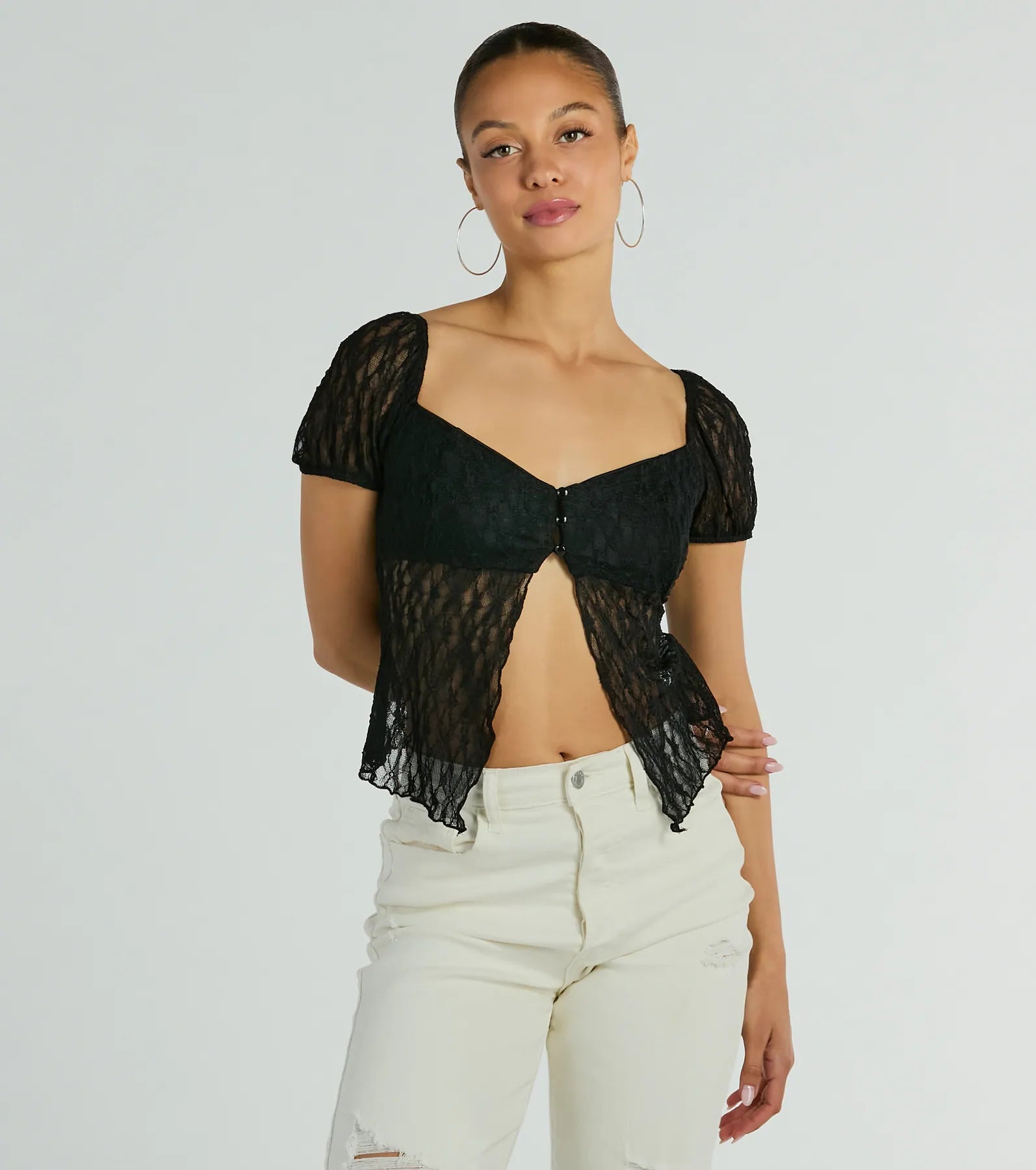 cozy women's tops for fall and winterCharm Me Puff Sleeve Lace Crop Top