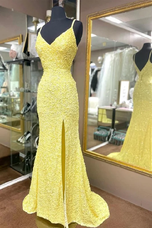 flutter sleeve prom dressesMermaid Yellow Sequins Long Prom Dress with Slit Y7309